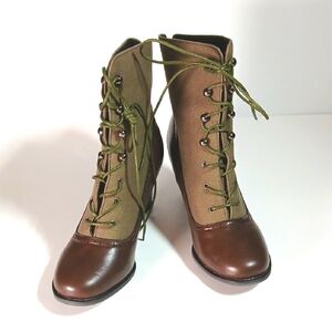 🥿 Victorian Lace Up Boots Green Canvas Brown Vegan Leather Size EU 40 Vintage